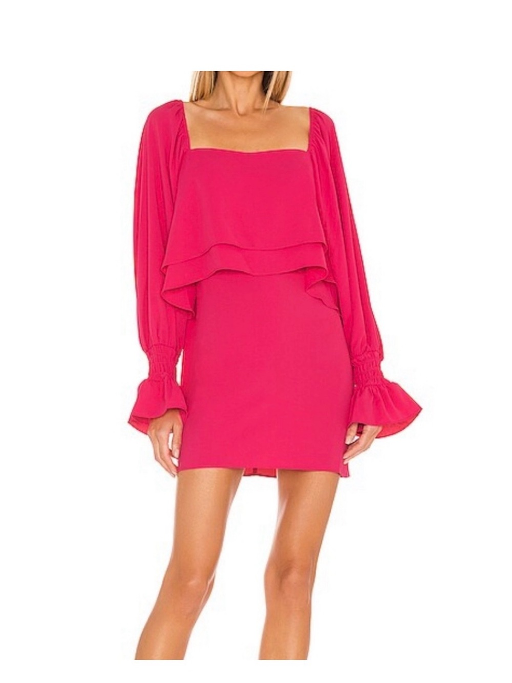 Amanda Uprichard Hot Pink Square Neck Ruffle Mini Dress